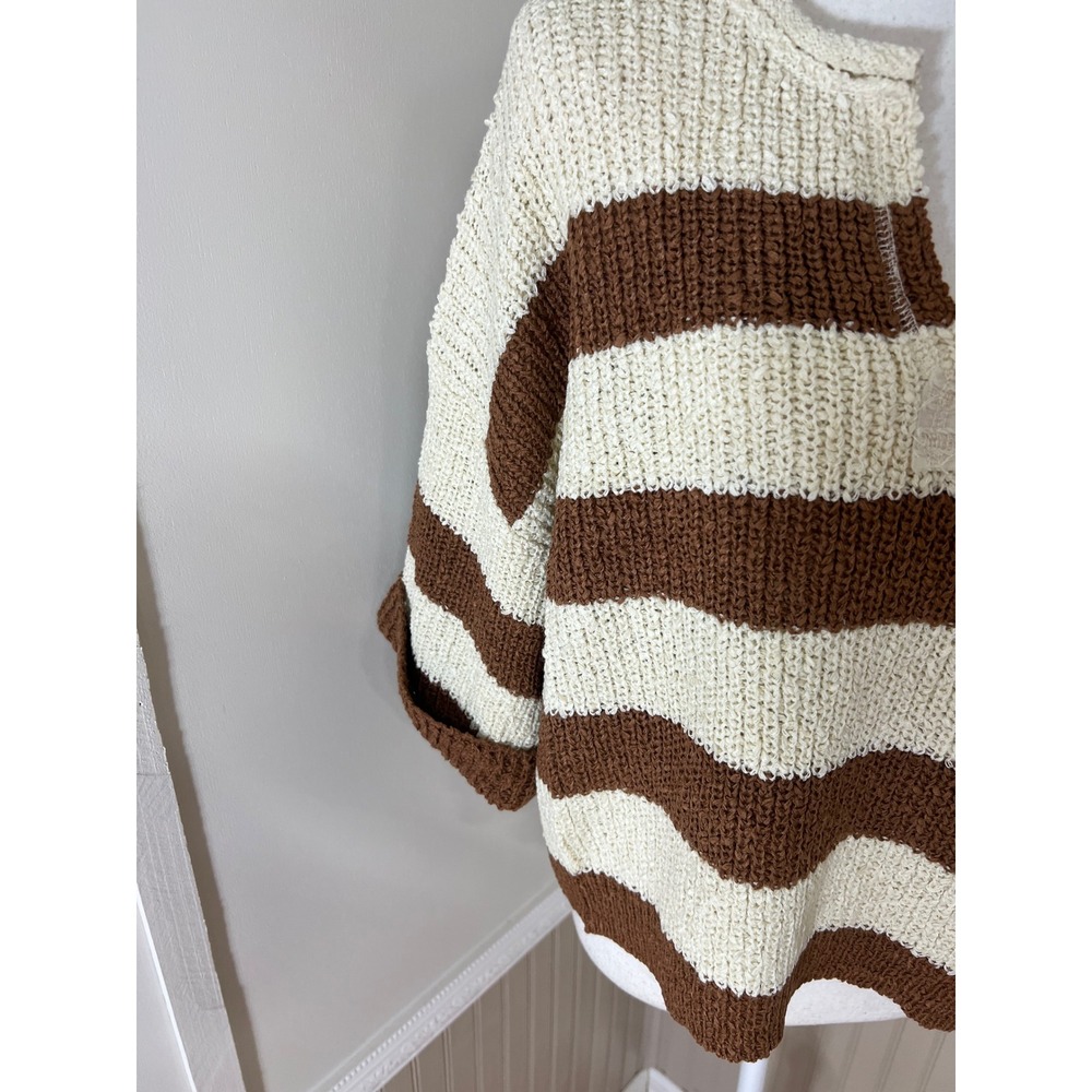 Zenana Striped Knit Sweater Deep Camel Cream V-Neck Short Sleeve L/XL - Picture 9 of 13